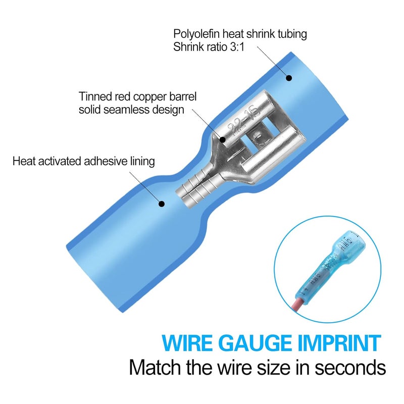 VAMRONE 100 PCS 16-14 AWG Waterproof Heat Shrink Quick Disconnect Connectors, Crimp Electrical Wire Female Spade Connectors Insulated Disconnect for Marine Automotive Motorcycle Home Wiring (Blue) - Image 3